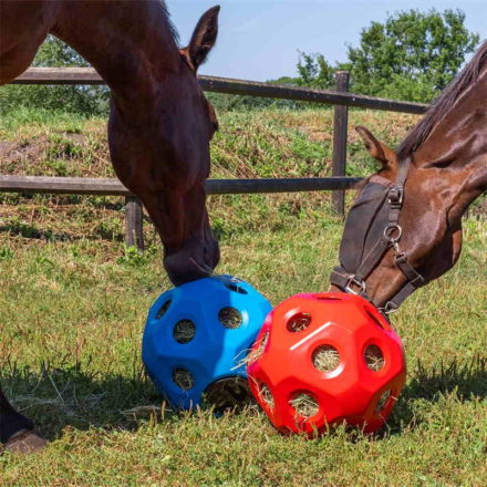Høbold til aktivering af heste og ponyer. Høbolden kan hænges i boksen eller lægges på folden. Høbolden måler ca 40 cm og rummer ca 3 kg hø.