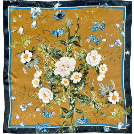 Silketørklæde med Blue Flower Garden og guld baggrund. 100% silke. Håndvaskes.