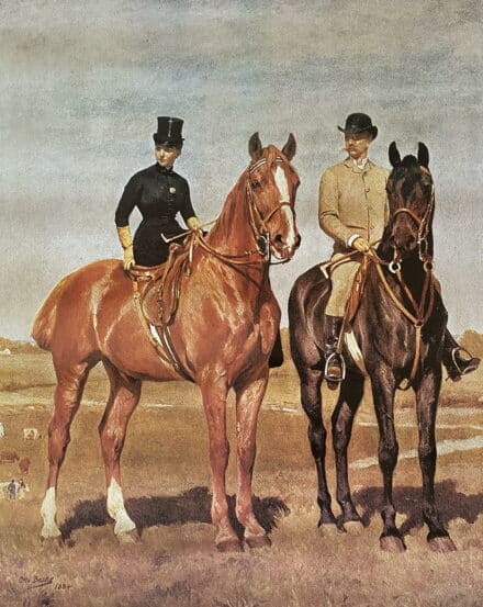 Plakat fra udstilling af Den Hegelske Ridetøjssamling i Møstings Hus, 1983. På billedet ses Julie og Jacob Hegel - malet af Otto Bache, 1884.