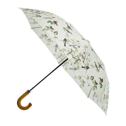 Paraplyen med havens fugle er udstyret med et solidt og ergonomisk håndtag af træ.